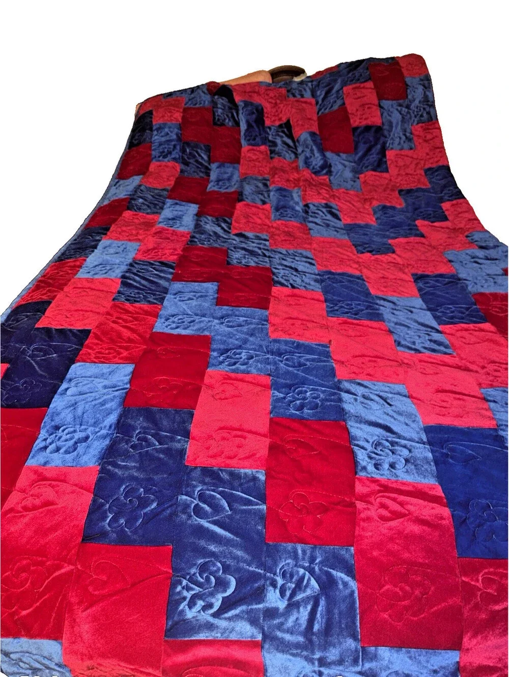 Vtg 70’s Velvet Patchwork Queen Quilt Bedspread Boho Hippie 100” L x 86” W